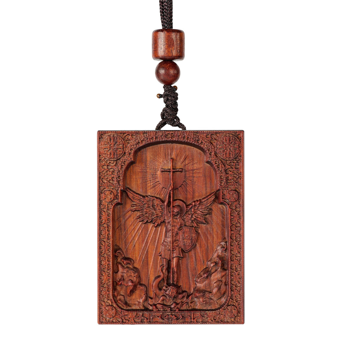 Square Archangel Michael Wooden Pendant - design detail