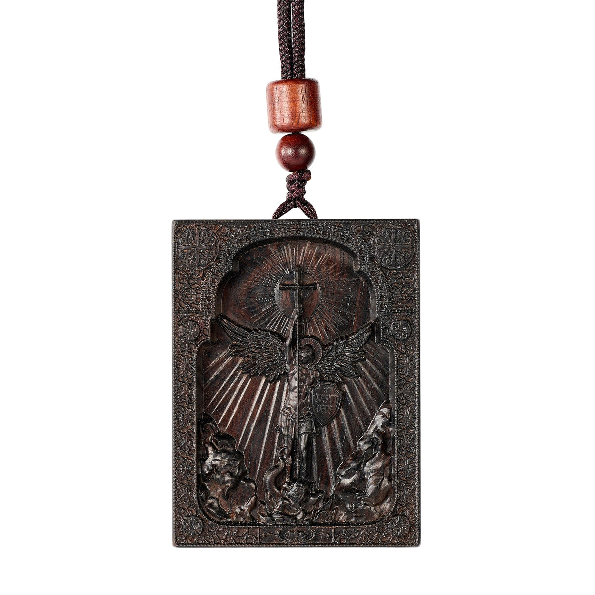 Square Archangel Michael Wooden Pendant - size and finish detail