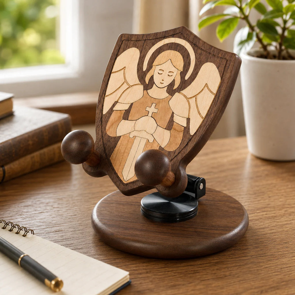 Guardian Angel Wooden Phone Stand – Original Wood Inlay Desk Holder