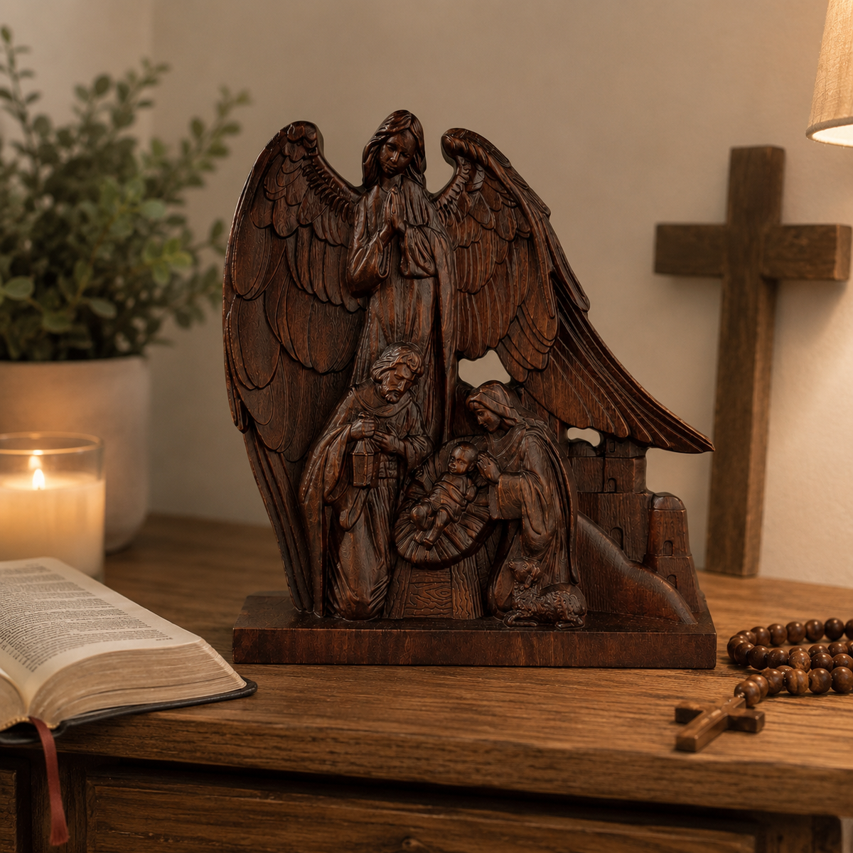 Hand-Carved Holy Family & Guardian Angel Solid Wood Statue: A Faith Artwork Anchoring Divine Blessings for Your Home