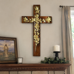 Hand-Carved Rose Cross Wall Art ✝️🌹 | Solid Beechwood Christian Decor with Golden Flowers
