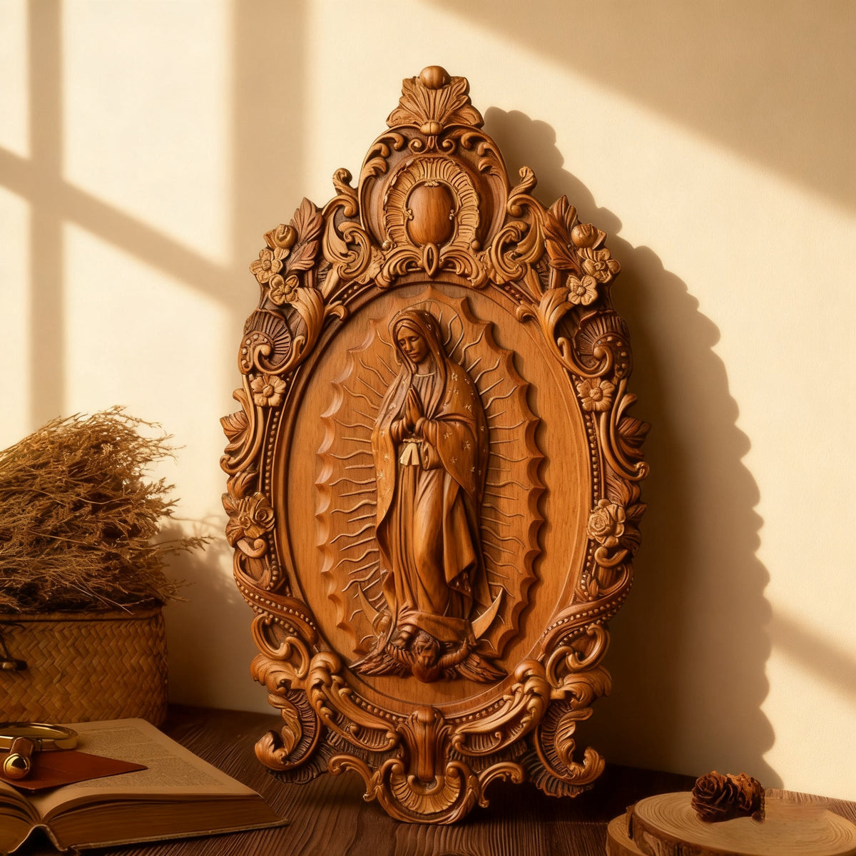 A Handcrafted Sanctuary: Our Lady of Guadalupe Wood Carving - product view