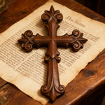 Ornate Wooden Cross - Carved from natural wood - side view