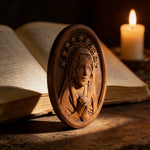 Our Lady in Tears and Prayer with a Nine-Star Halo — Hand-Carved Beechwood Statue - side view