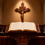 Wood Carving of Jesus Cross with St. Benedict's Exorcism - product view