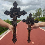 Wood Carving of Jesus Cross with St. Benedict's Exorcism - mokarve