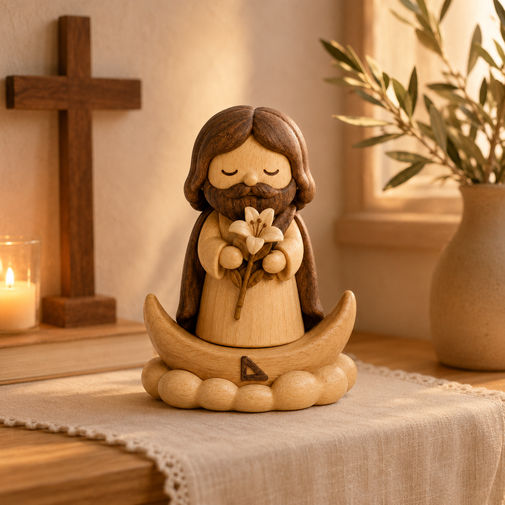 St. Joseph with Lily Wooden Figurine – Original Wood Inlay Blessing Decor
