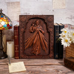 The Sacred Heart and Divine Mercy Jesus Christ Wood Wall Plaque - size and finish detail