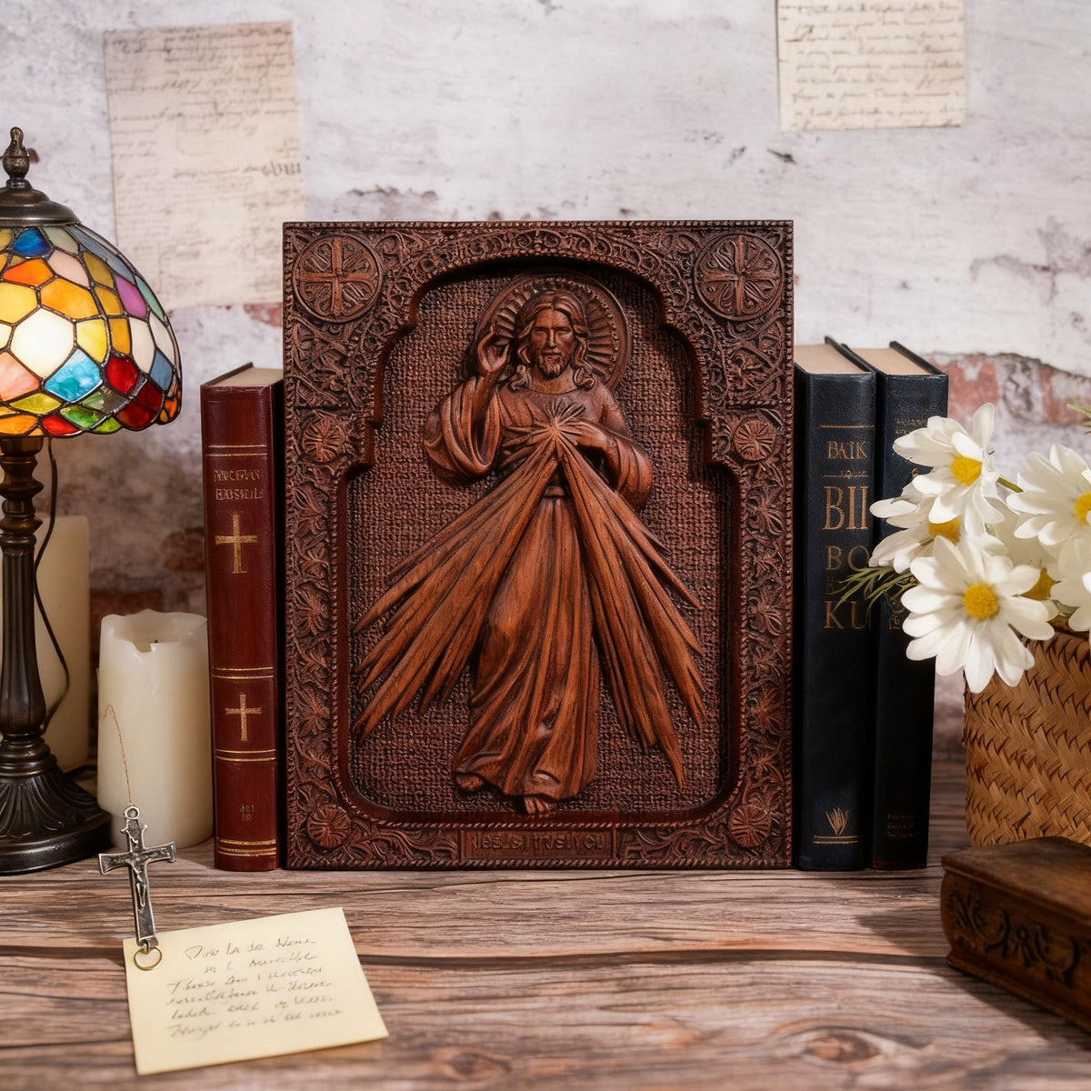 The Sacred Heart and Divine Mercy Jesus Christ Wood Wall Plaque - size and finish detail