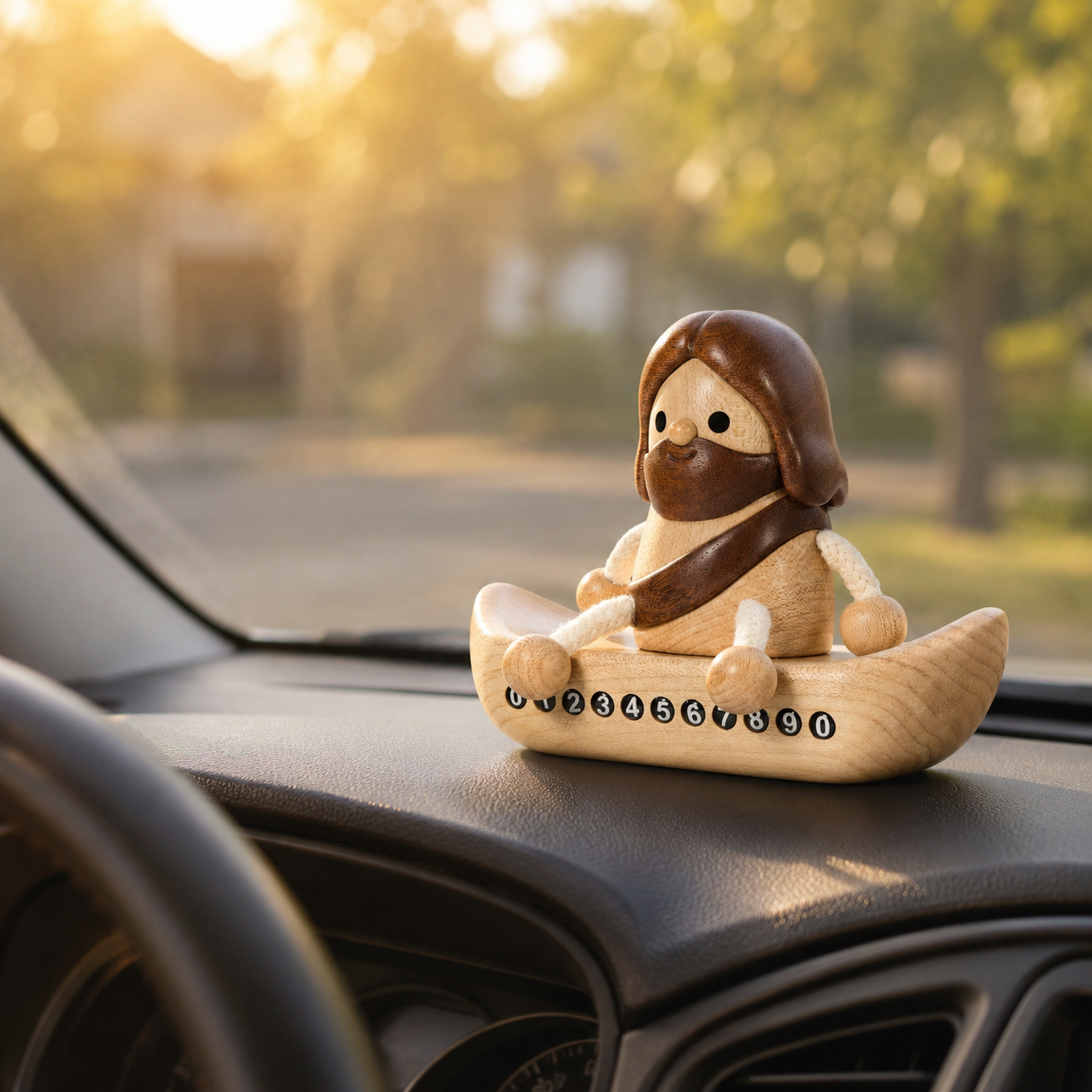 Wooden Jesus Dashboard Decor with Hidden Parking Number Display