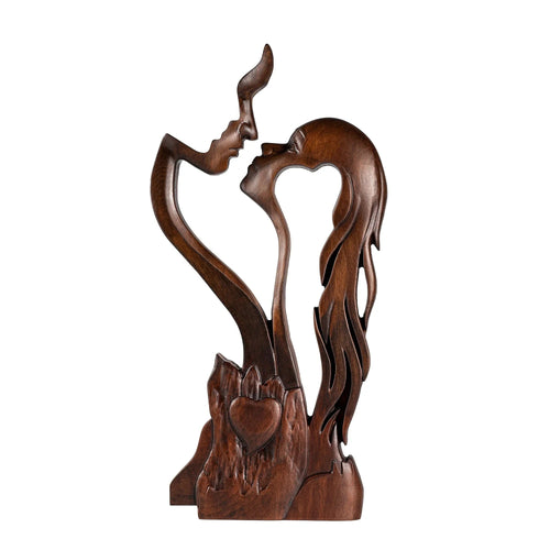 Wooden couple sculpture in the deeper brown Retro Color finish on a plain background