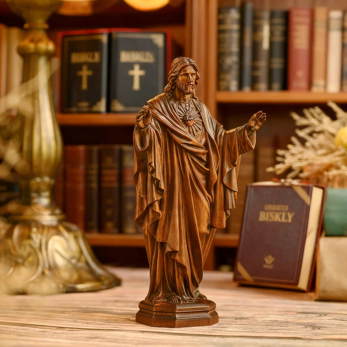 Hand Carved Sacred Heart of Jesus Virgin Mary Wooden Tabletop Ornament for Christian home decor and prayer spaces