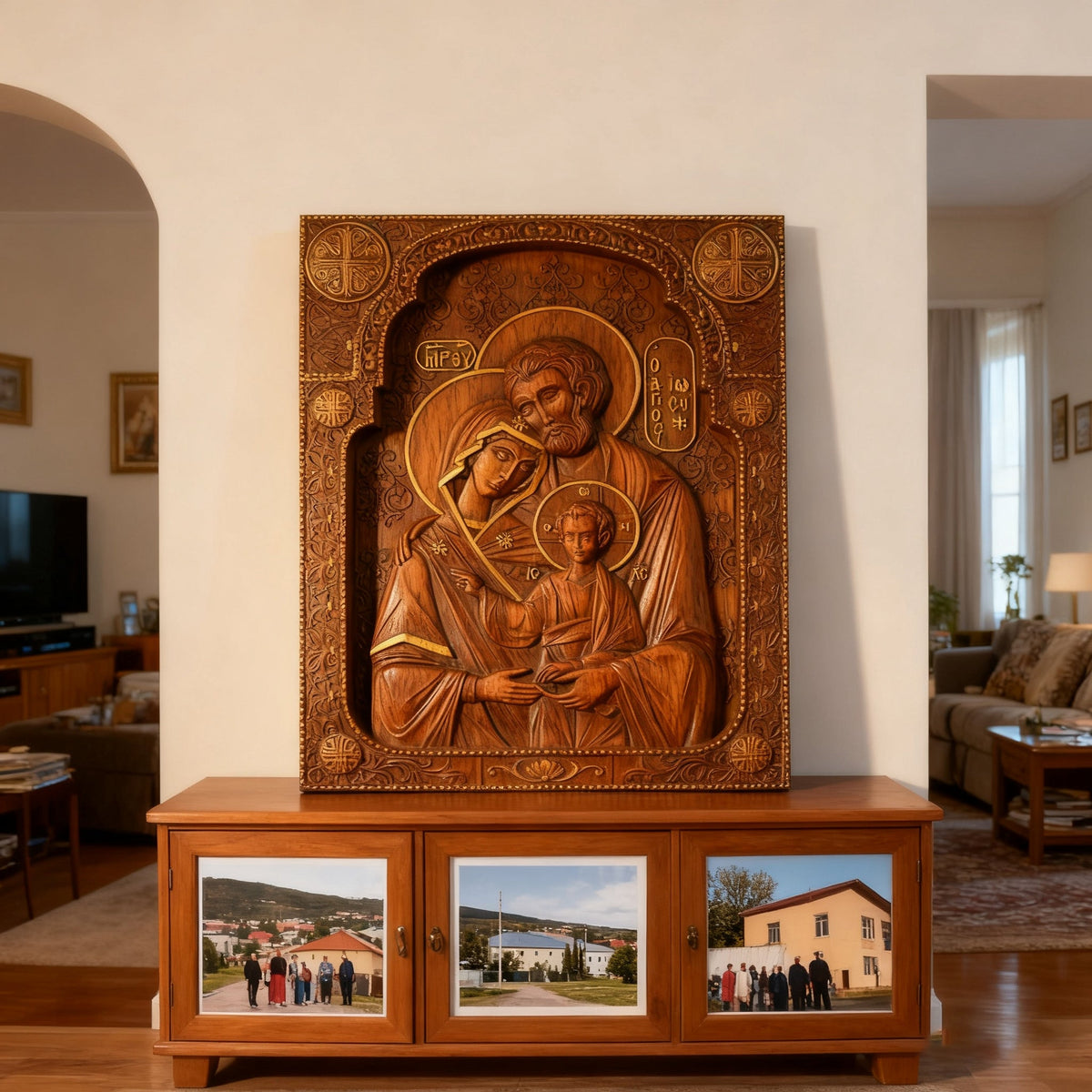 Holy family Nativity Wood Carving Gift Religious Byzantine Icon - design detail