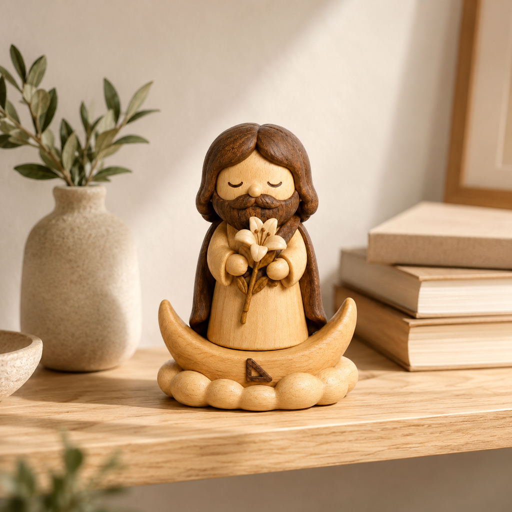 St. Joseph with Lily Wooden Figurine – Original Wood Inlay Blessing Decor