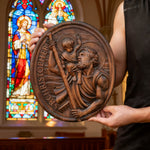 St.Christopher Christian Wood Carving Plaque/The patron saint of travelers - design detail