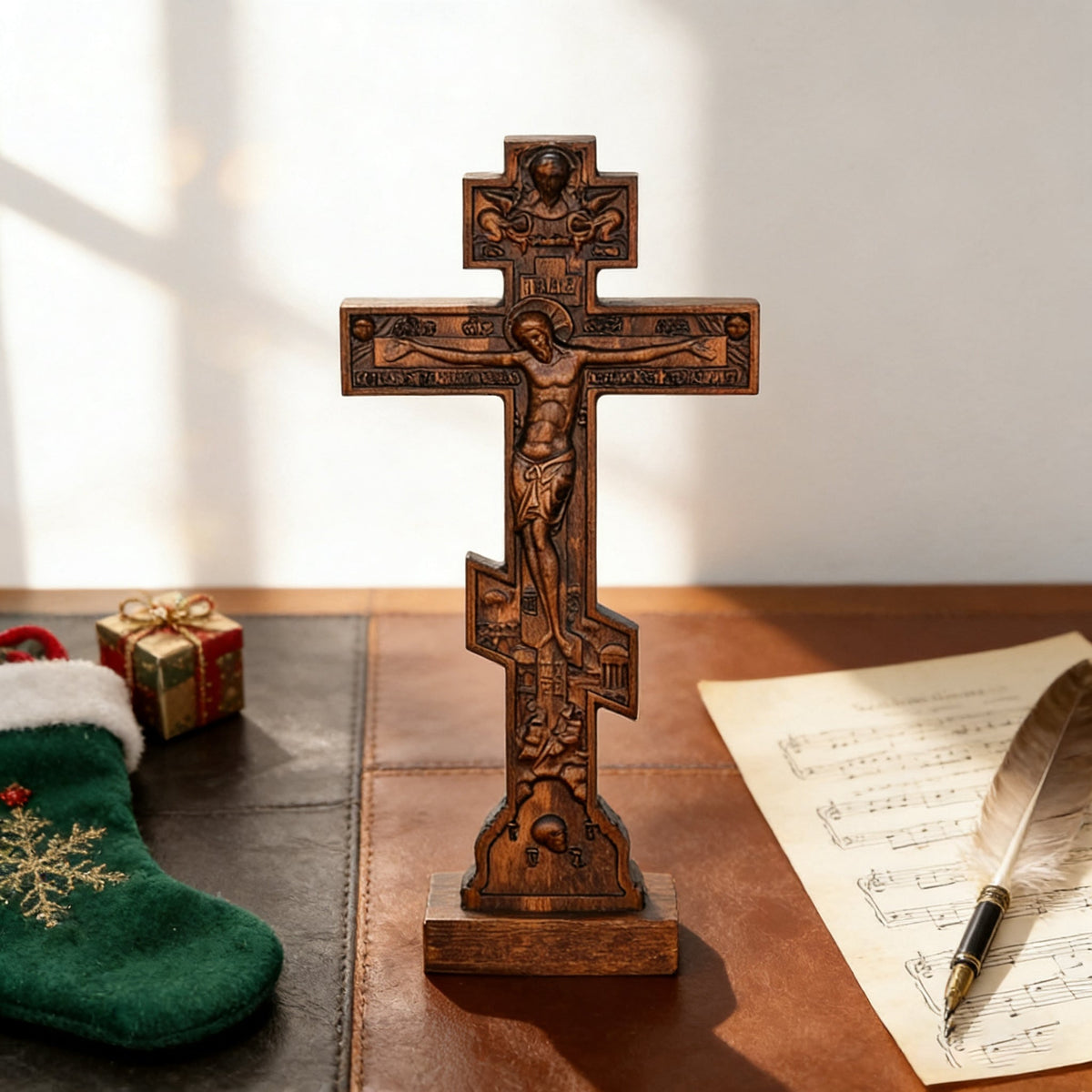 Orthodox Crucifixion Crucifix Wooden Tabletop Ornament - side view