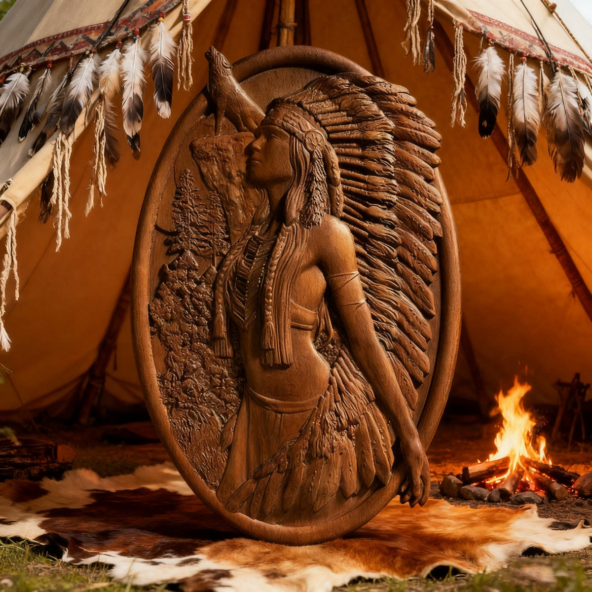 Native American Woman Wood Carving - Hand-Carved Solid Wood Art - Indigenous Home Decor wooden home decor product image