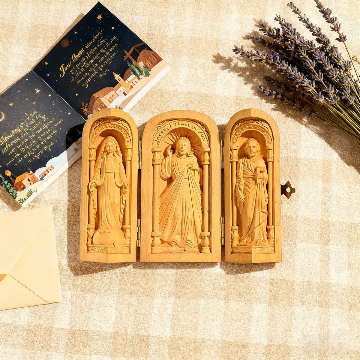 Hand-Carved Travel Triptych Altar: The Holy Family at Your Side - product view