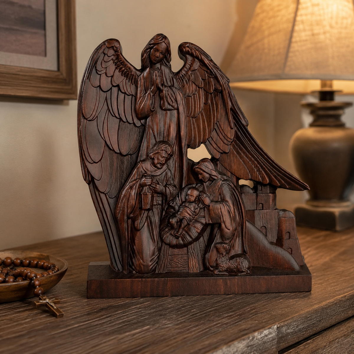 Hand-Carved Holy Family & Guardian Angel Solid Wood Statue: A Faith Artwork Anchoring Divine Blessings for Your Home
