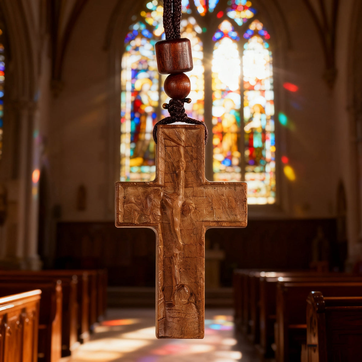 Wooden Savior Cross Necklace - side view