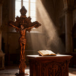 Wood Carving of Jesus Cross with St. Benedict's Exorcism - design detail