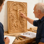 Handcarved Beechwood Crucifix Relief — Let His Sacrifice Settle Into Your Days - size and finish detail