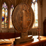 St. Benedict Double-Sided Wooden Desk Plaque: A Christian Symbol of Protection & Faith - Christian gift presentation