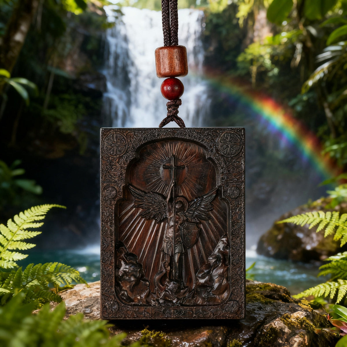 Square Archangel Michael Wooden Pendant - side view