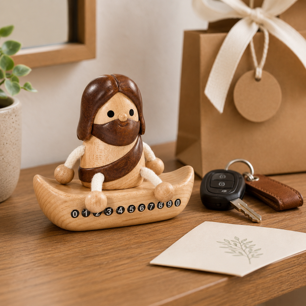 Wooden Jesus Dashboard Decor with Hidden Parking Number Display
