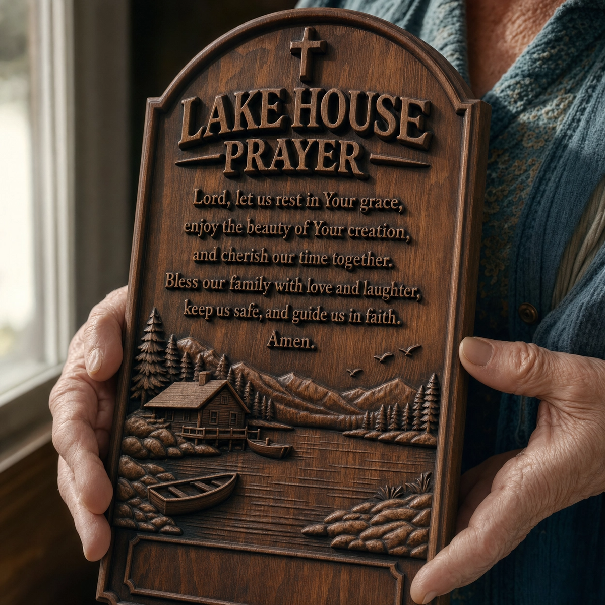 Lake house prayer hand-carved wood wall plaque for Christian home decor