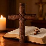 Hand-Carved Beechwood Intertwined Cross of Unity in Christ - size and finish detail