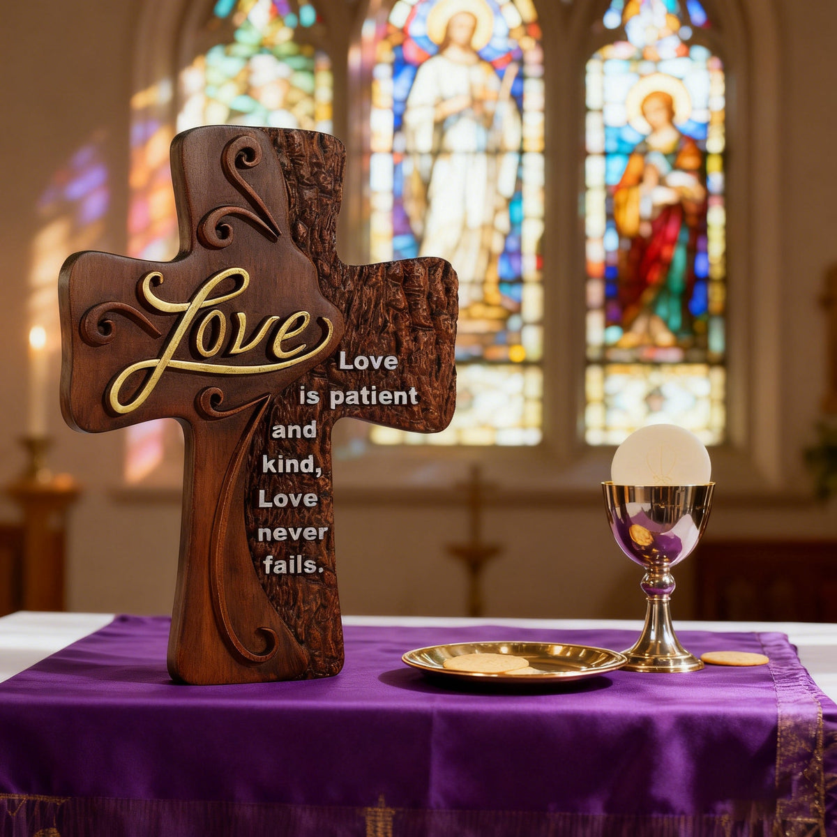 Ornate "Love" "Faith" "Hope" Wooden Cross, Solid Wood Cross - side view