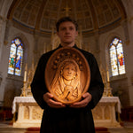 Our Lady in Tears and Prayer with a Nine-Star Halo — Hand-Carved Beechwood Statue - design detail