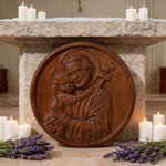 Joseph and Baby Jesus wood carving plaque - Father‘s day gift - side view