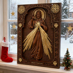 The Sacred Heart and Divine Mercy Jesus Christ Wood Wall Plaque - size and finish detail