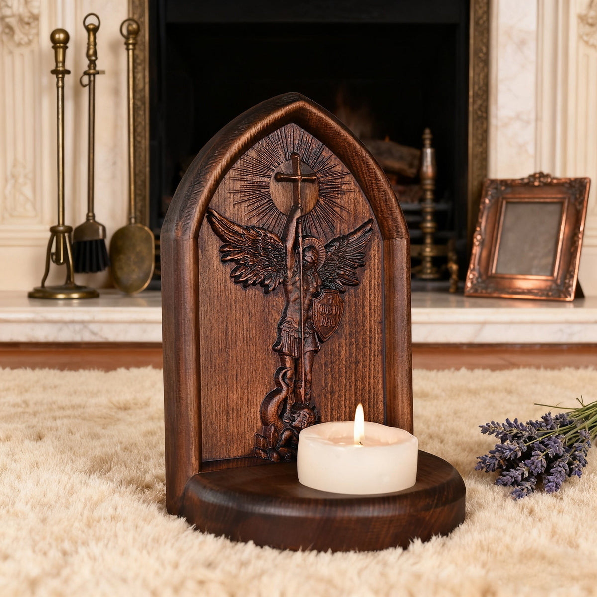 Archangel Michael Hand-Carved Beech Wood Candle Holder: A Sanctuary of Faith - side view