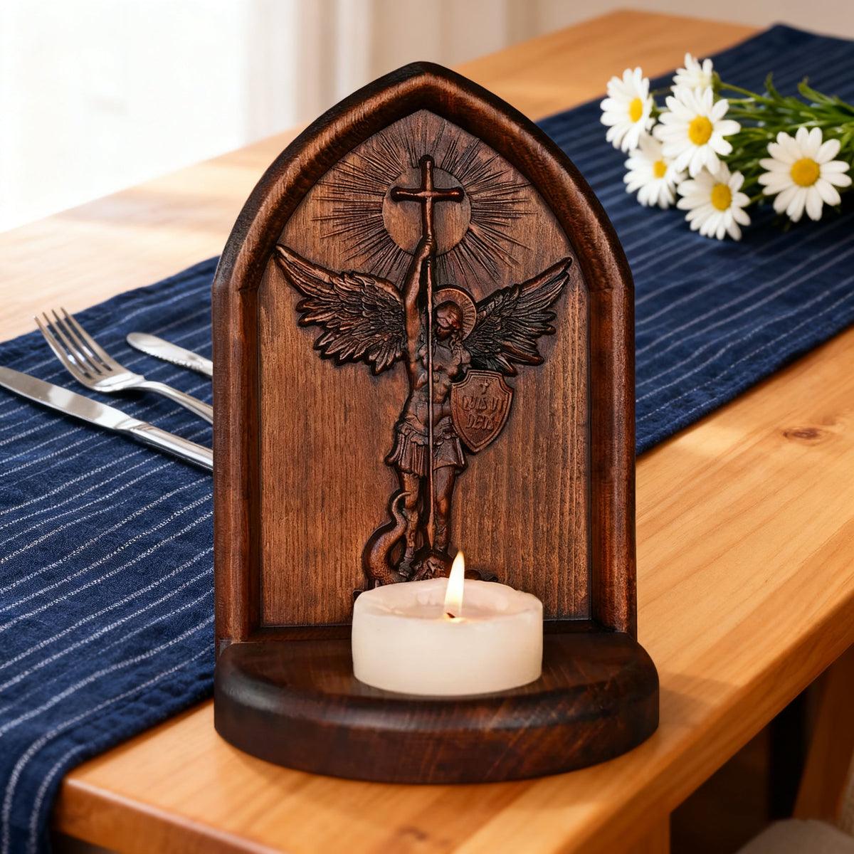 Archangel Michael Hand-Carved Beech Wood Candle Holder: A Sanctuary of Faith - design detail