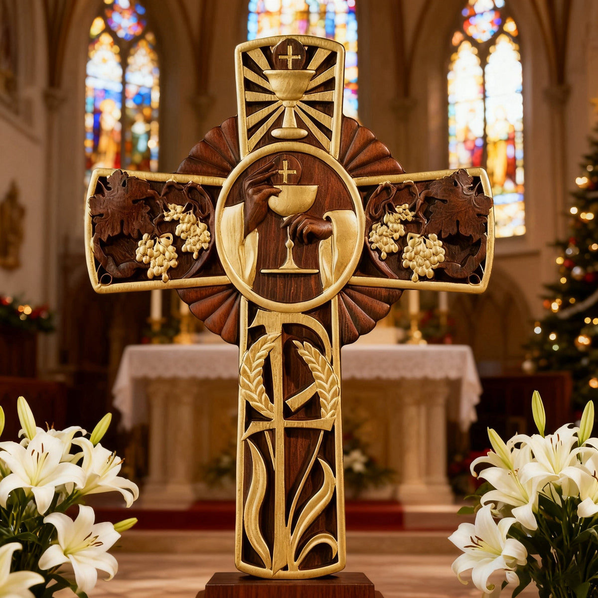 Eucharistic Chalice Wooden Cross: A Christian Symbol of the Last Supper & Redemption - design detail