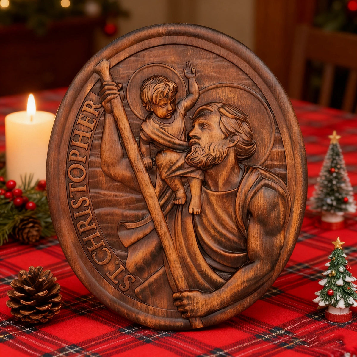 St.Christopher Christian Wood Carving Plaque/The patron saint of travelers for Christian home display and prayer spaces
