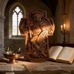 Archangel Michael Hand-Carved Ashwood Cross Plaque for Christian home decor and prayer spaces