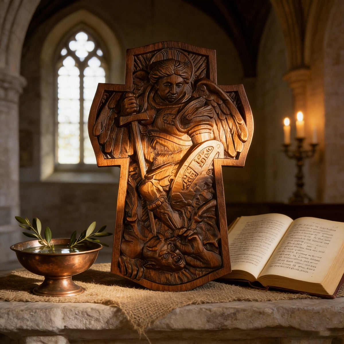Archangel Michael Hand-Carved Ashwood Cross Plaque for Christian home decor and prayer spaces