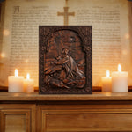 Jesus in Gethsemane Hand-Carved Wood Wall Art: The Weight of His Humble Sorrow - size and finish detail