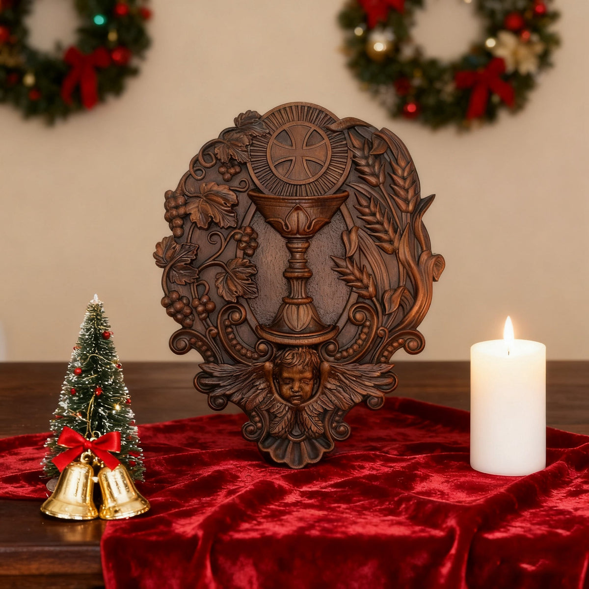 First Communion Christian Wood Carving - Sacrament of the Holy Eucharist Plaque - design detail