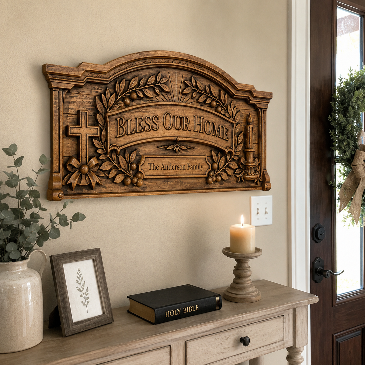 Personalized “Bless Our Home” Hand-Carved Beechwood Wall Plaque - design detail