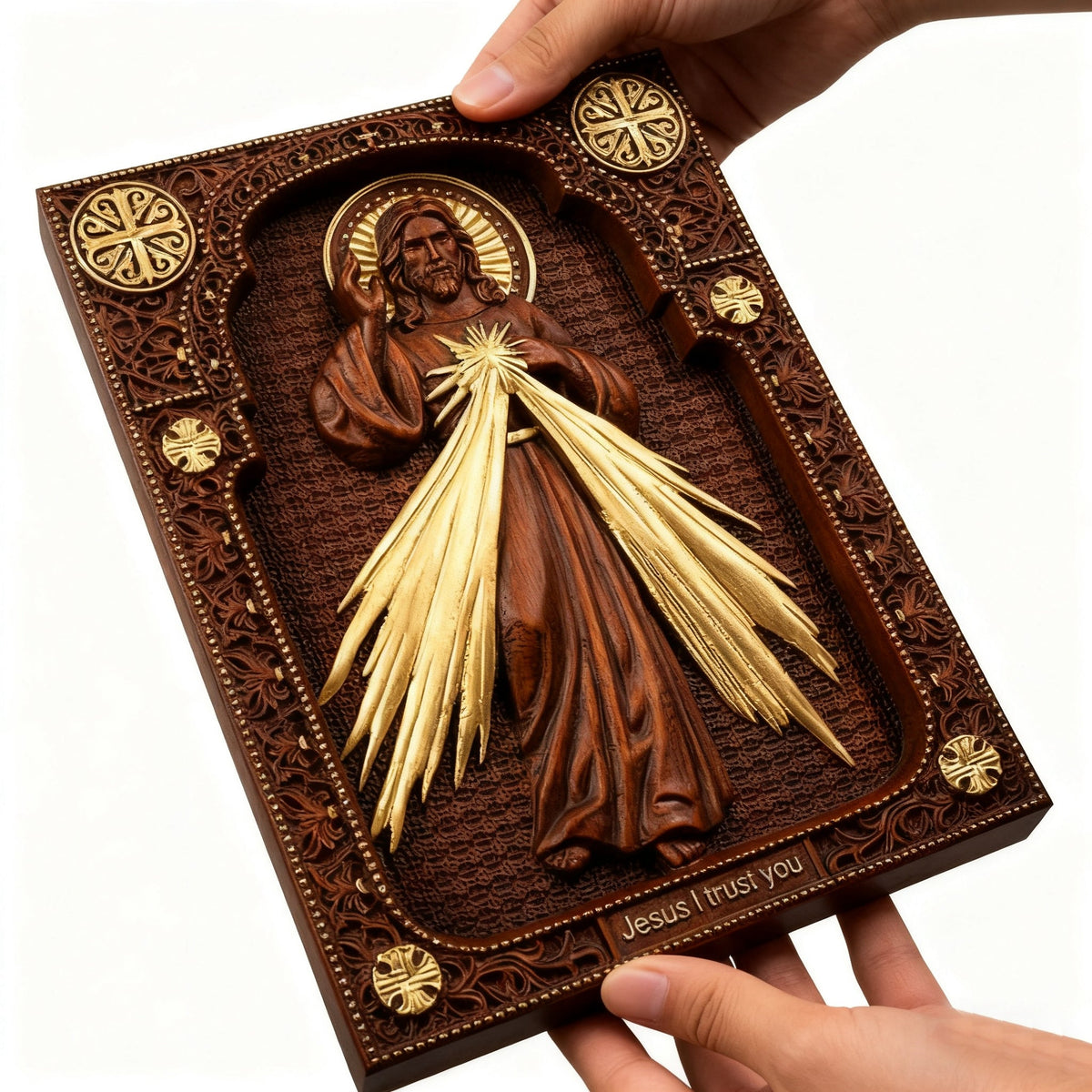 The Sacred Heart and Divine Mercy Jesus Christ Wood Wall Plaque - side view