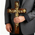 Hand-Carved Rose Cross Wall Art ✝🌹 | Solid Beechwood Christian Decor with Golden Flowers - craftsmanship detail