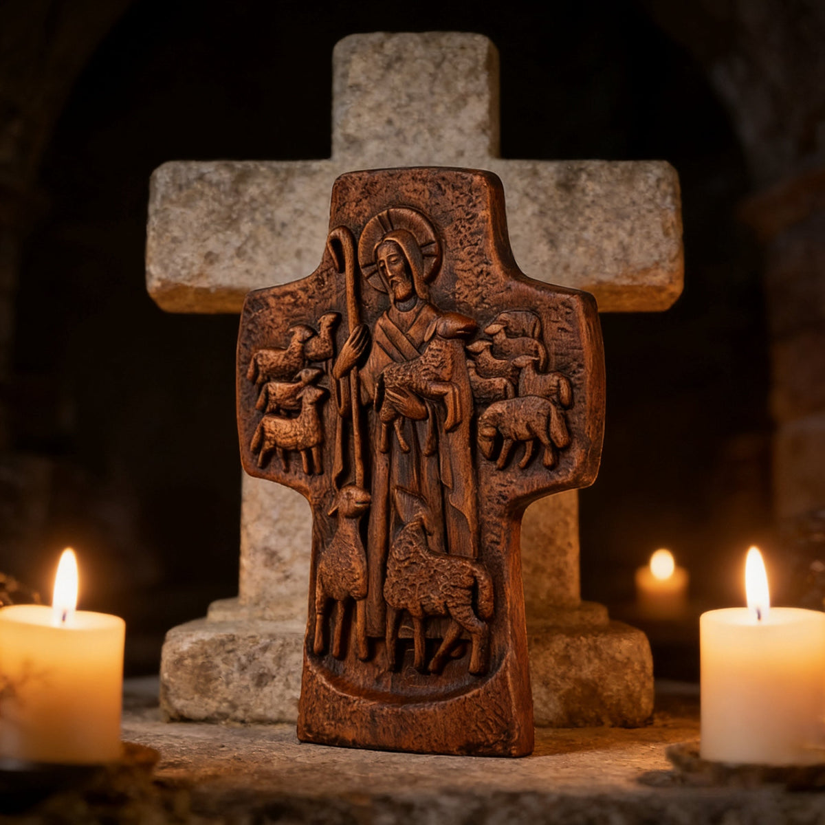 Good Shepherd Wooden Cross: A Religious Gift of Endless Care & Guidance - side view