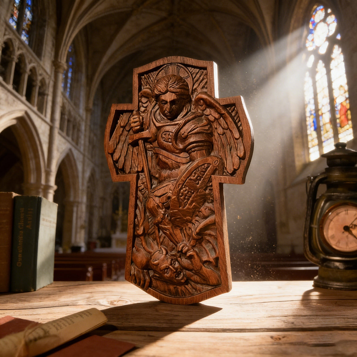 Archangel Michael Hand-Carved Ashwood Cross Plaque - design detail