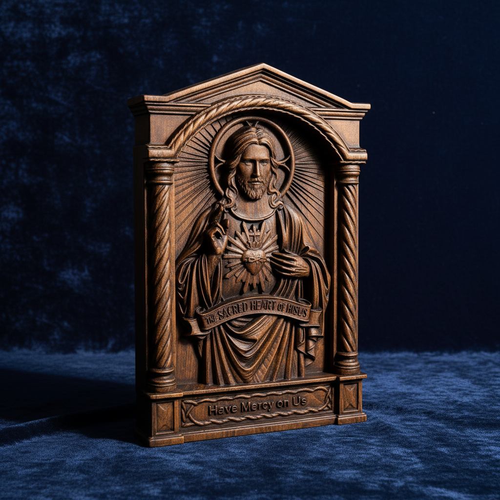 Sacred Heart of Jesus Hand-Carved Beechwood Relief - Divine Mercy Home Altar Decor - side view