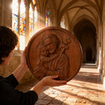 Joseph and Baby Jesus wood carving plaque - Father‘s day gift - side view